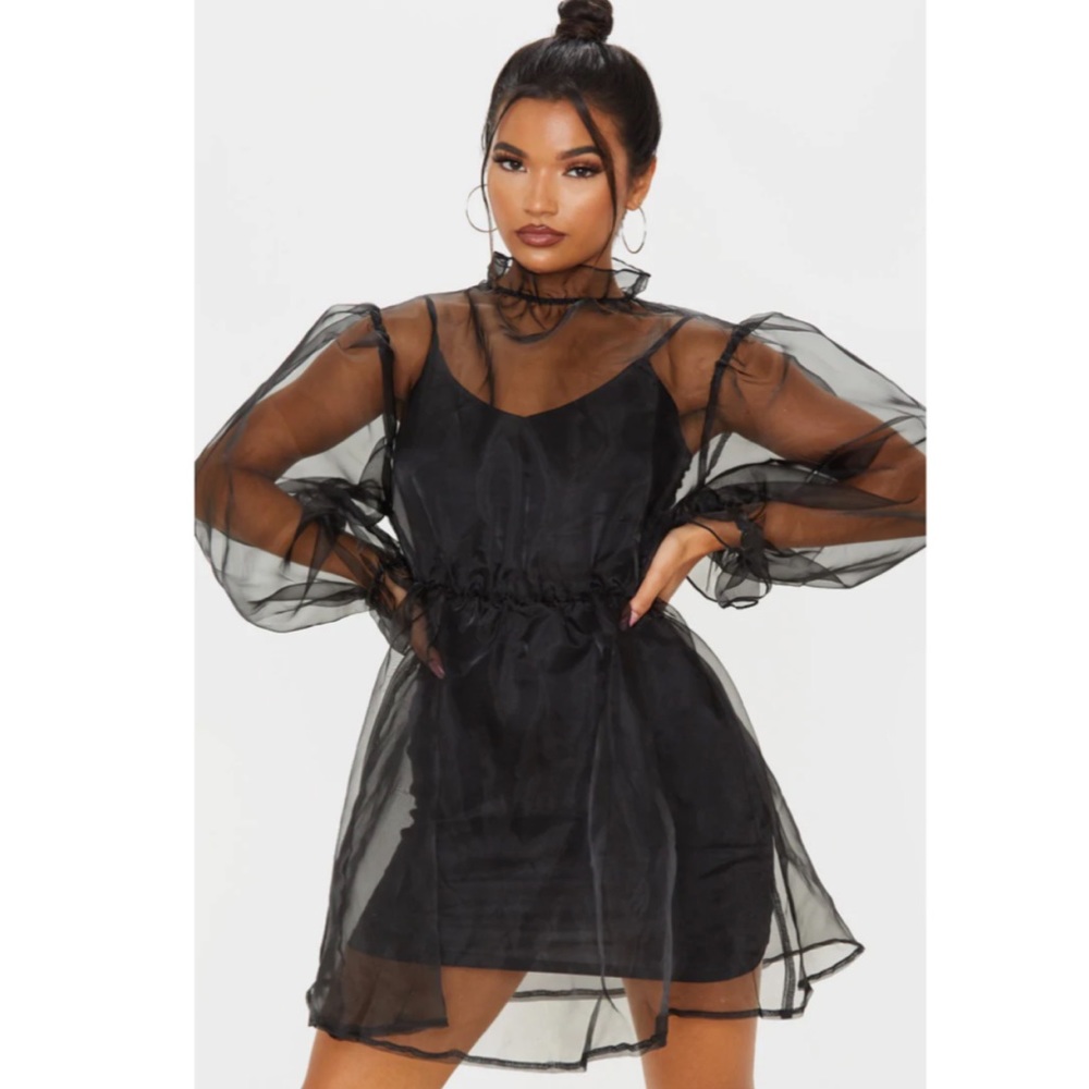 Black organza puff sleeve smock dress